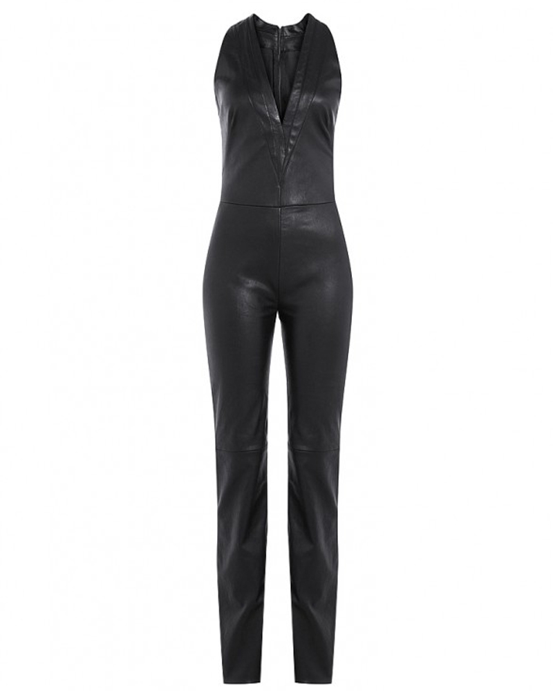 Slim Fit Black Leather Jumpsuit with Plunge V Neck
