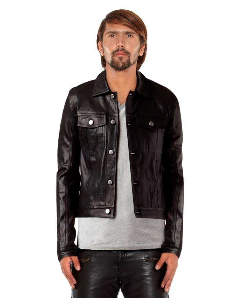 Mens Black Denim Style Leather Jacket 