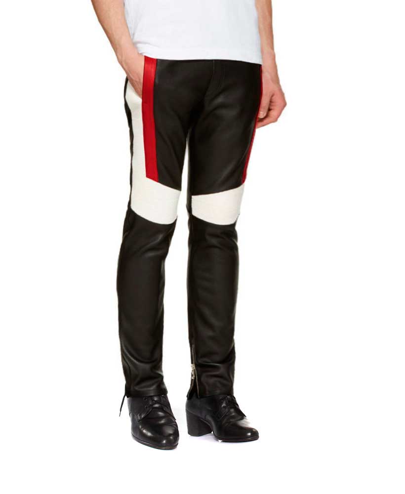 red black and white leather pants