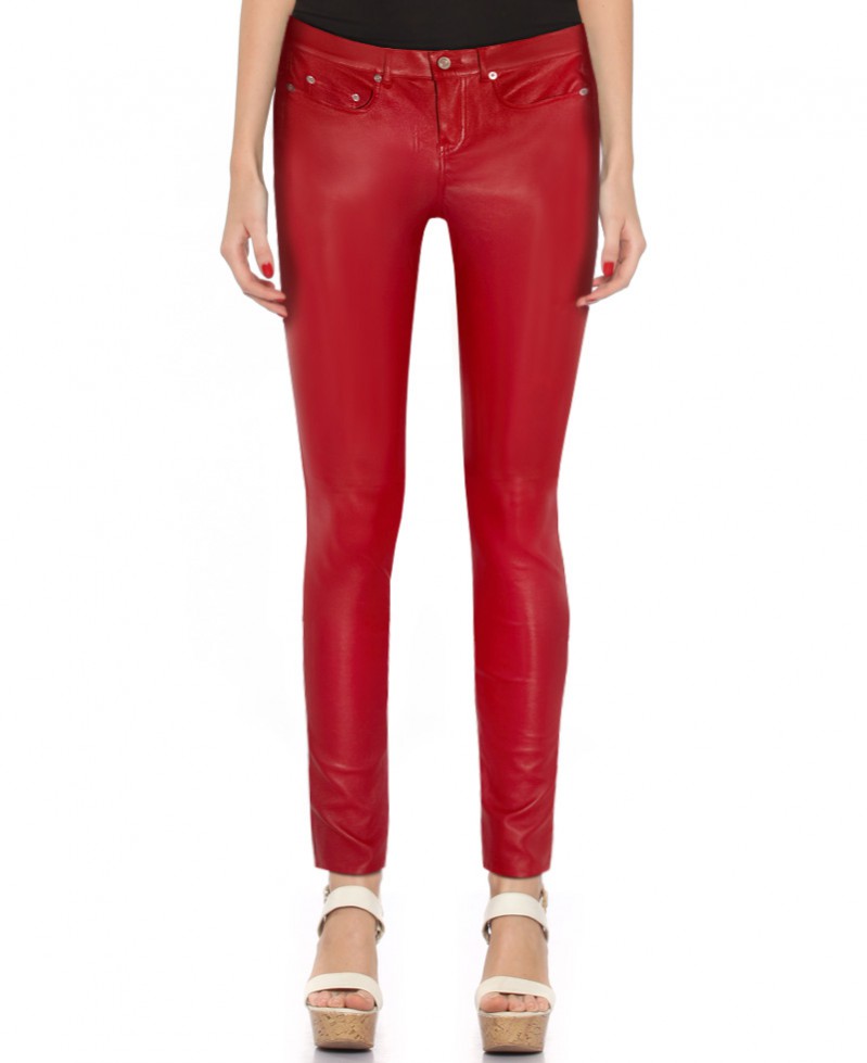 womens red leather jeans